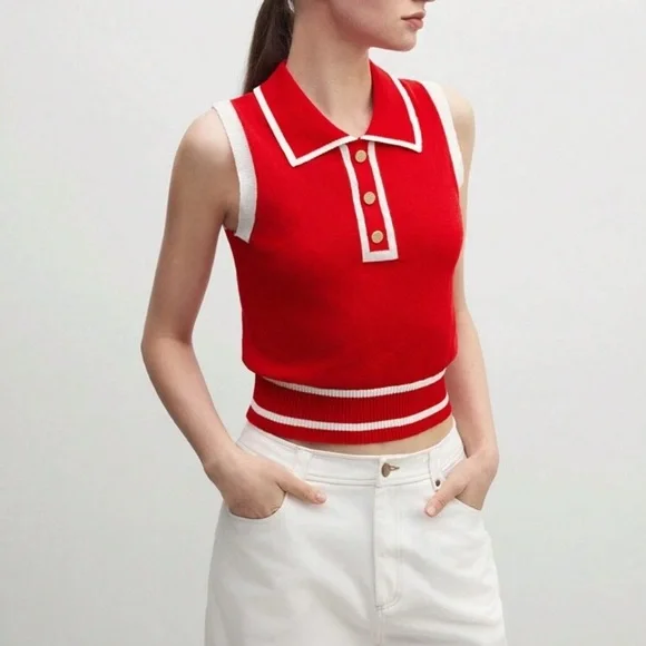 Red Sleeveless Knit Top with White Trim - Picture 3 of 4